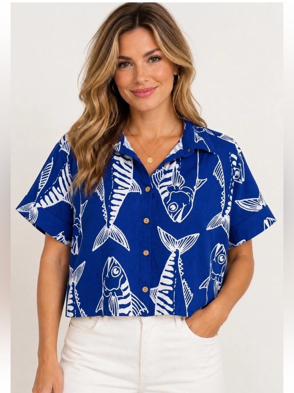 Rose + Olive Resort Blue White Fish Print Cropped Button Up Shirt S Rayon